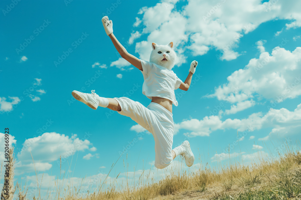 Teenager girl in cat mask performing quadrobics jump in open field under blue sky, showcasing athleticism and creativity in outdoor cosplay Teenager girl in cat mask performing quadrobics jump in open field under blue sky, showcasing athleticism and creativity in outdoor cosplay