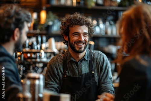 Happy man and his friends talking to barista while enjoying in pub, Generative AI