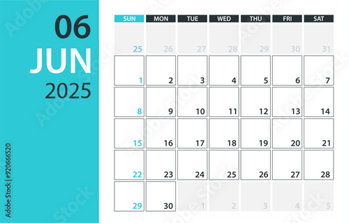 June 2025 Calendar Planner - vector illustration. Template. Mock up