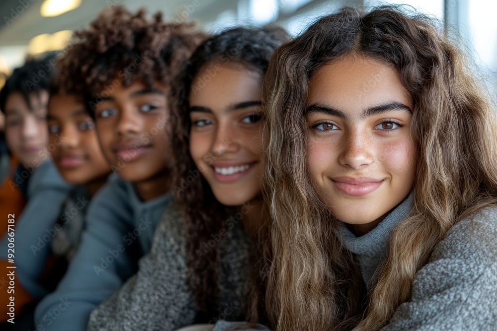 Multiracial group of happy classmates at high school looking at camera, Generative AI Multiracial group of happy classmates at high school looking at camera, Generative AI