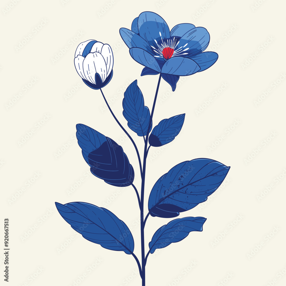 Vibrant red flower with blue leaves in a minimalist vector style.
