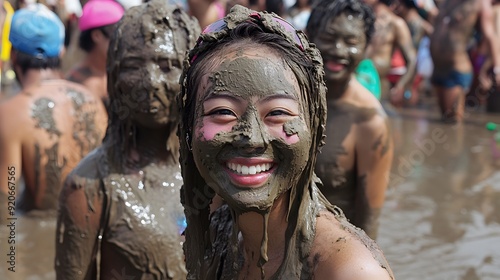 34. **The energetic and colorful celebrations of the Boryeong Mud Festival in South Korea, with people covered in mud** photo