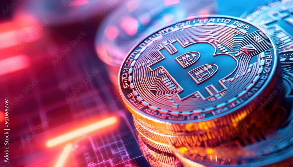 A macro shot of a stack of bitcoins, digital currency symbols clearly visible, set against a futuristic, neonlit background A macro shot of a stack of bitcoins, digital currency symbols clearly visible, set against a futuristic, neonlit background