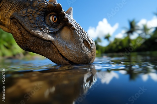 Close-up of a dinosaur drinking water from a serene lake with tropical palm trees and a bright blue sky in the background.