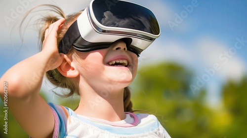 Girl in virtual reality glasses. She plays video games on the street. Children and technology. photo