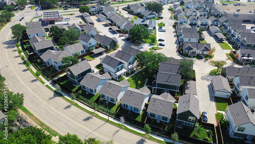 Narrow lot house single family units for rent along Northeast Green Oaks Boulevard in North Arlington, Texas, detached shotgun style homes in suburbs Dallas Fort Worth metroplex, aerial view