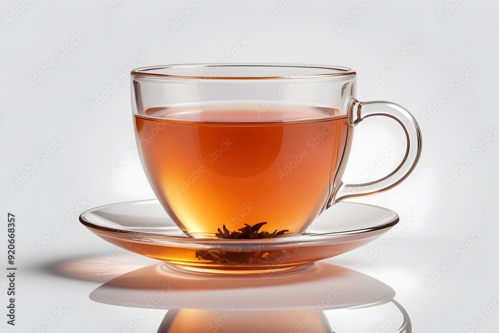 Clear glass teacup filled with hot tea, sitting on a matching saucer. Clear glass teacup filled with hot tea, sitting on a matching saucer.