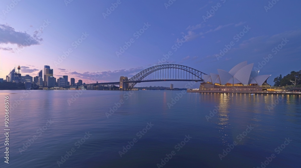 Fototapeta premium Panoramic view of Sydney Harbour with iconic landmarks - Opera House and Harbour Bridge. Calm waters, twilight hues, boats add to its beauty and cultural significance.