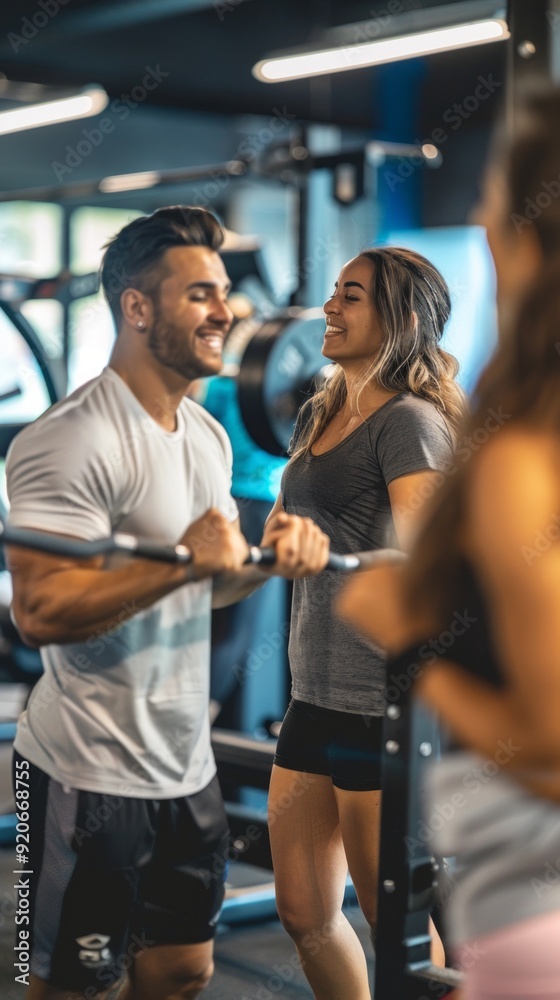 Three people in gym, laughing and chatting while taking a break from the workout. Vibrant atmosphere with blue and white colors, showcasing camaraderie. Three people in gym, laughing and chatting while taking a break from the workout. Vibrant atmosphere with blue and white colors, showcasing camaraderie.