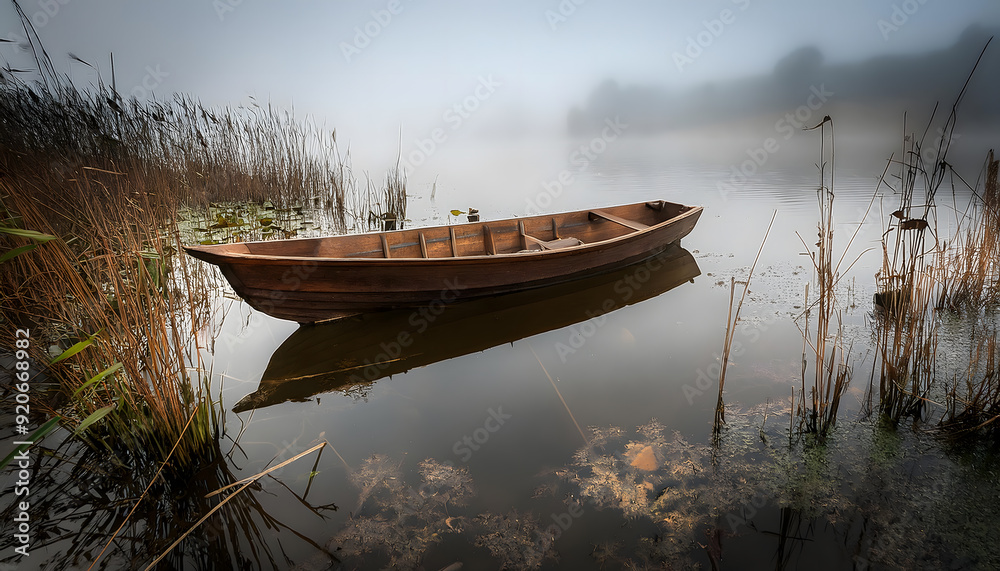 Obraz premium Weathered boat in a tranquil, fog-covered lake, partially submerged and surrounded by reeds, lily pads, and soft water ripples
