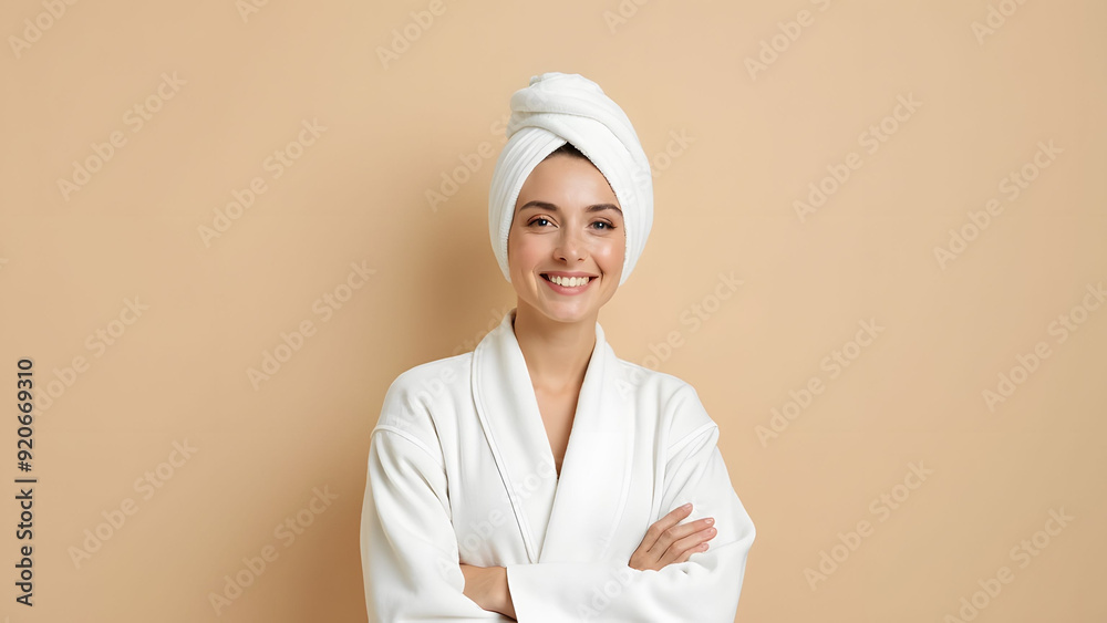 Smiling woman in white bathrobe and towel on head Smiling woman in white bathrobe and towel on head
