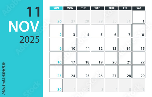 November 2025 Calendar Planner - vector illustration. Template. Mock up