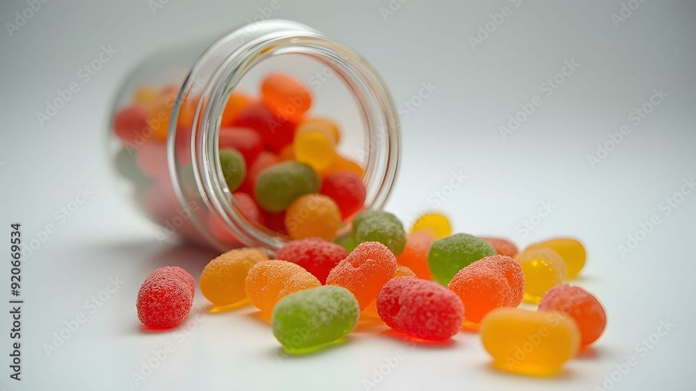 Colorful jelly beans spilling from a glass jar.