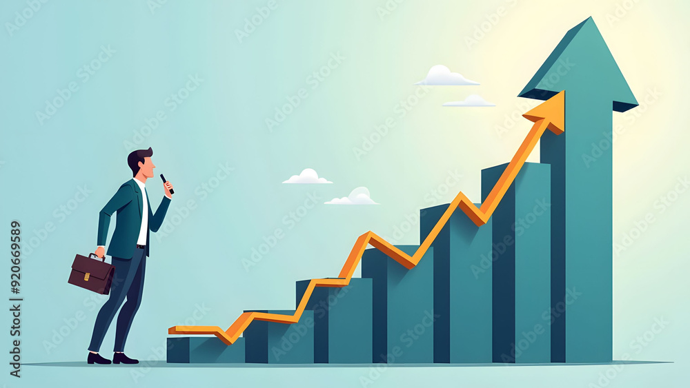 Businessman observing a rising graph with increasing bars Businessman observing a rising graph with increasing bars