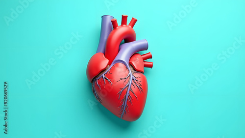 Detailed 3D model of a human heart on a teal backdrop. photo