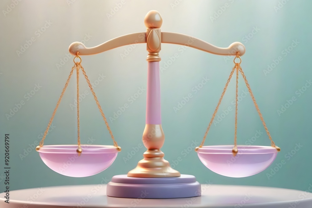A 3D rendering of a pink and gold scale with empty trays. A 3D rendering of a pink and gold scale with empty trays.