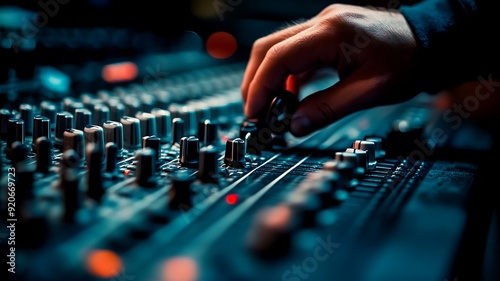 focused shot of fingers sliding faders on a sound mixing console, studio environment, warm ambient light, detailed view of control panel, music production setting