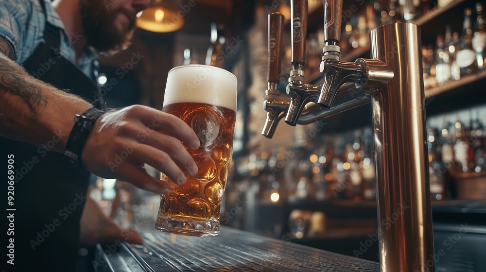 Bartender pouring a craft beer into a frosty glass at a bustling brewery Bartender pouring a craft beer into a frosty glass at a bustling brewery