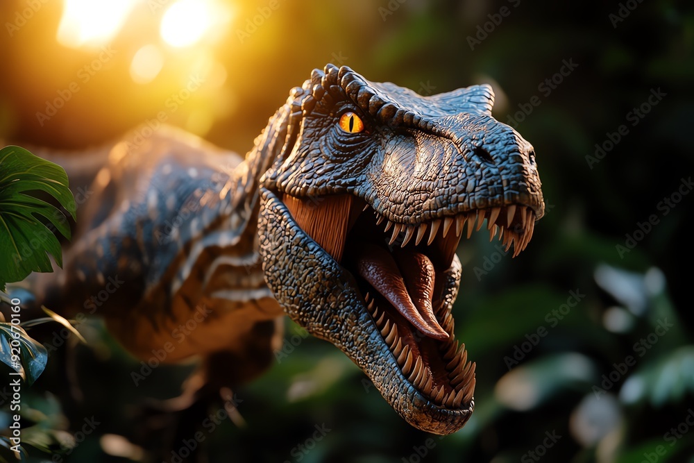 Obraz premium Close-up of a roaring dinosaur with sharp teeth in a jungle setting, illuminated by dramatic sunlight in the background.