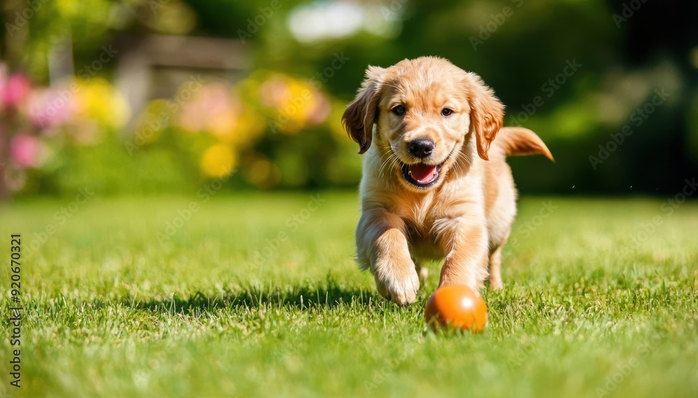 Golden retriever puppy playing fetch in a grassy field. Golden retriever puppy playing fetch in a grassy field.