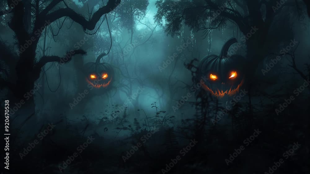 An exploration of a dark forest illuminated by the haunting glow of carved pumpkins, creating a chilling Halloween atmosphere