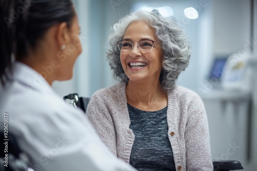 Happy senior woman in wheelchair talks to medical technician in hallway at clinic, Generative AI