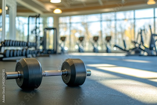 A dumbbell rests on the gym floor in a bright fitness center with exercise equipment in the background during daylight