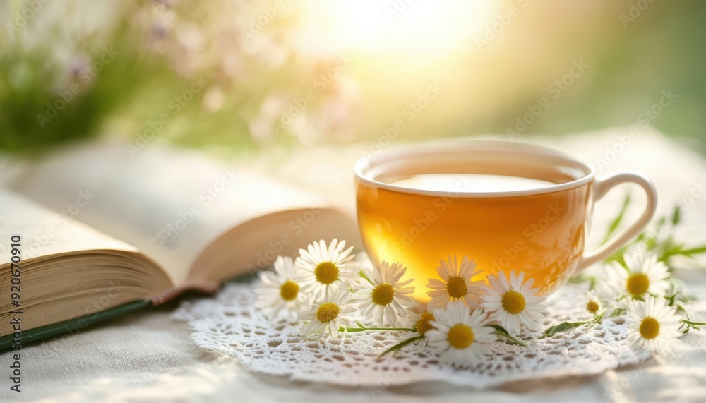 A cup of tea with chamomile flowers and an open book on a table. A cup of tea with chamomile flowers and an open book on a table.