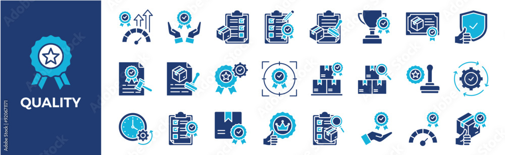 Quality icon collection set. Containing design, business, certificate, guarantee, sign, vector, satisfaction and more. Solid vector icons collection Quality icon collection set. Containing design, business, certificate, guarantee, sign, vector, satisfaction and more. Solid vector icons collection