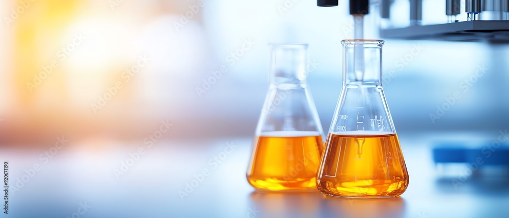 Two laboratory flasks contain bright orange liquid, showcasing chemical research and experimentation in a high-tech setting. Two laboratory flasks contain bright orange liquid, showcasing chemical research and experimentation in a high-tech setting.