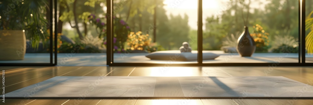 A yoga mat lies in a tranquil, sunlit room with a scenic outdoor view, creating an inviting space for relaxation and meditation.