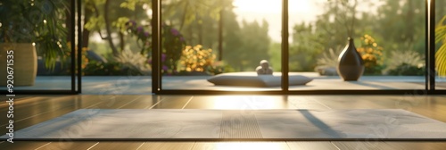 Obraz na płótnie A yoga mat lies in a tranquil, sunlit room with a scenic outdoor view, creating an inviting space for relaxation and meditation. w salonie