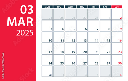 March 2025 Calendar Planner - vector illustration. Template. Mock up