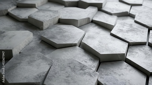 Layered 3D hexagonal tiles, each with different textures, creating a dynamic and abstract surface