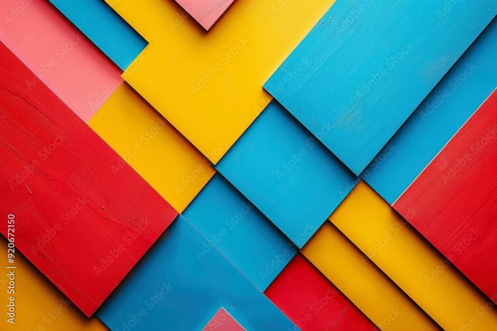 A vibrant arrangement of colored wooden panels in geometric patterns. A vibrant arrangement of colored wooden panels in geometric patterns.