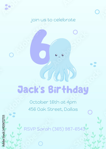 Sea creature-themed sixth birthday invite for kids. Fun postcard with a friendly blue octopus in soft underwater colors.
