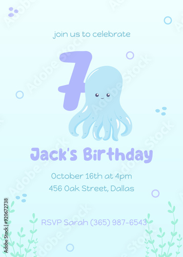Marine life seventh birthday party invitation. Adorable under-the-sea card with a smiling blue octopus in pastel shades of blue and purple.
