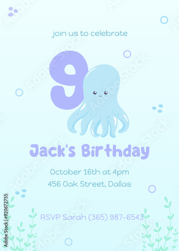 Happy octopus birthday invitation for children. Underwater-themed ninth birthday party card in blue and purple colors