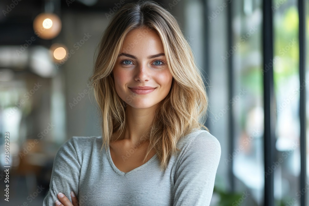 Happy confident businesswoman in office looking at camera, Generative AI
