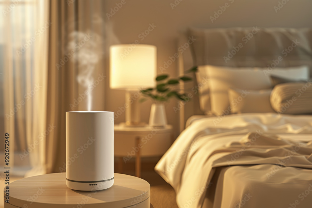 Humidifier Device in bedroom improving indoor air quality and creating a healthier home environment, Modern air purifier for filtering out allergens, dust, and pollutants, AI generated Humidifier Device in bedroom improving indoor air quality and creating a healthier home environment, Modern air purifier for filtering out allergens, dust, and pollutants, AI generated