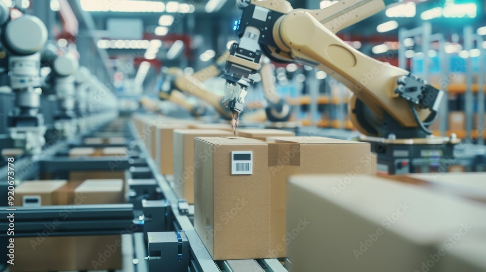 Robotic arm placing a box on a conveyor belt in a warehouse. Robotic arm placing a box on a conveyor belt in a warehouse.