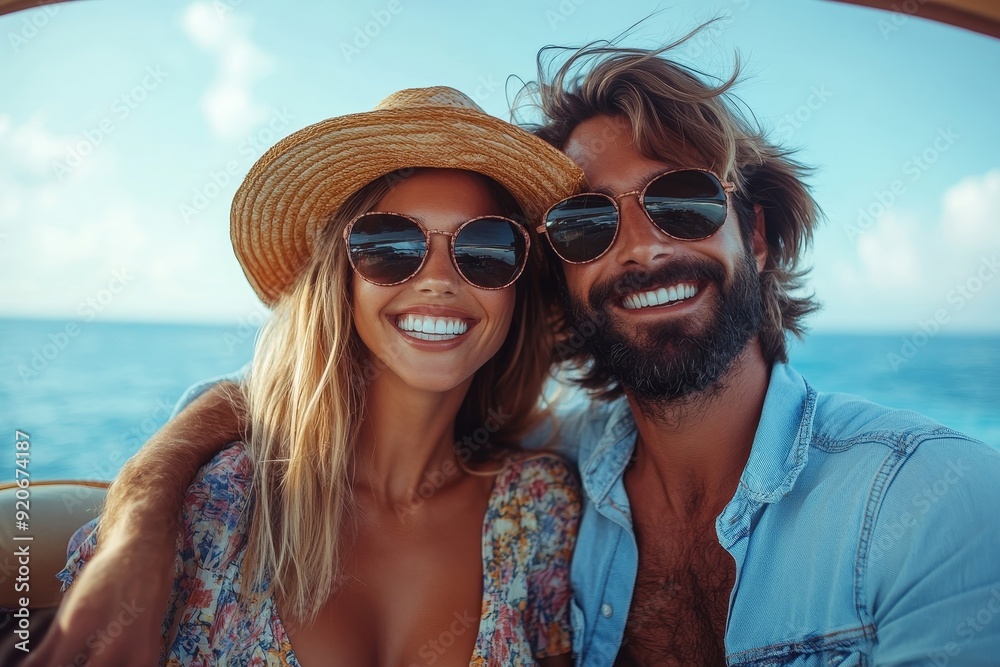 Carefree couple of travelers having fun while going on summer holiday, Generative AI Carefree couple of travelers having fun while going on summer holiday, Generative AI