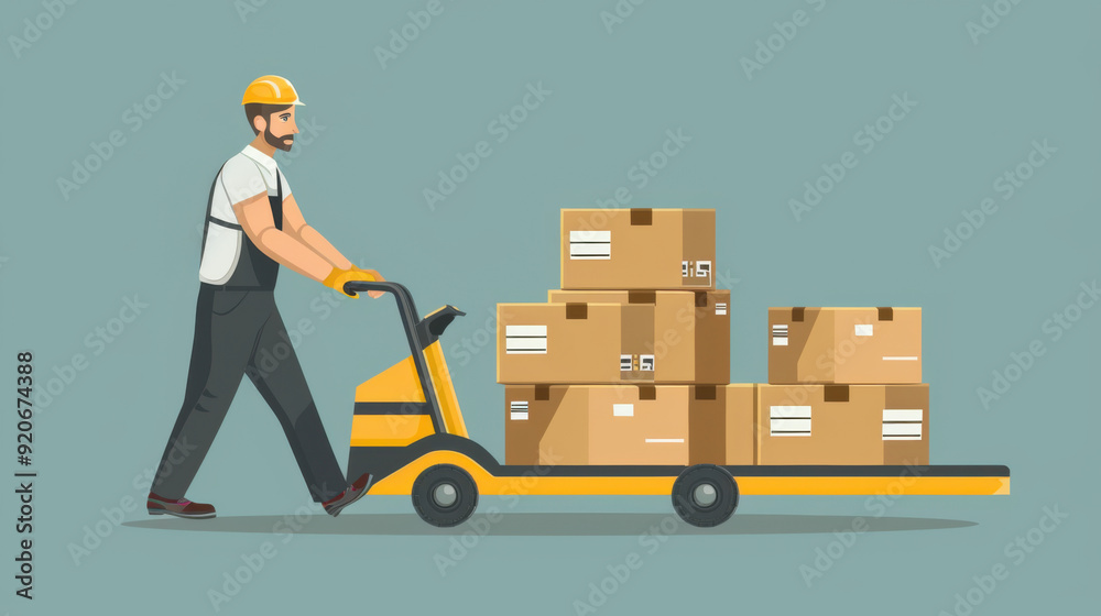 Illustration of a warehouse worker in uniform and helmet, pushing a trolley loaded with cardboard boxes against a neutral background. Illustration of a warehouse worker in uniform and helmet, pushing a trolley loaded with cardboard boxes against a neutral background.