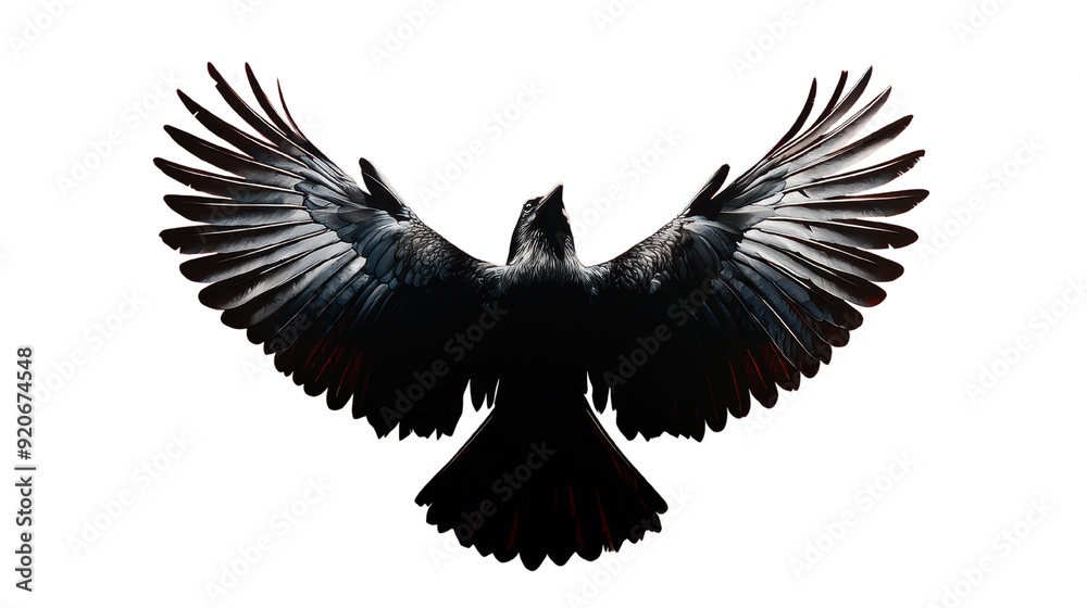 Fototapeta premium A black raven in flight with its wings fully spread, symbolizing mystery, power, and freedom, set against a black background.