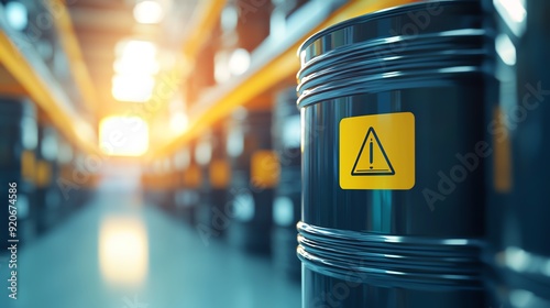 Close-up of a warning sign on a black barrel in a storage facility, indicating caution in an industrial environment. photo