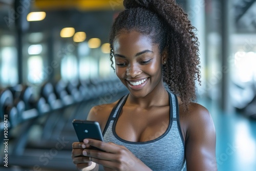 Happy black sportswoman using smart phone while checking in at gym, Generative AI
