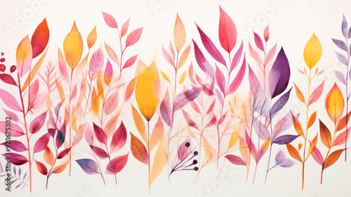 Watercolor painting of plant leaves. Calming and aesthetically. Botanical abstract background.