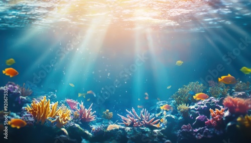 Vibrant coral reef with colorful fish swimming under a sunlit ocean surface.