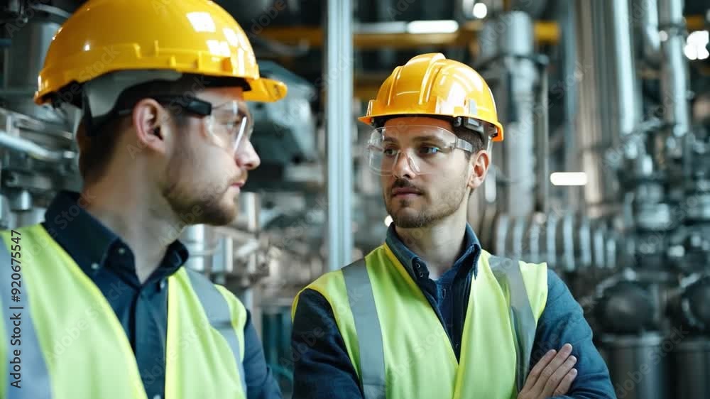 Two men wearing safety gear and yellow vests stand in front of a large industrial building. They are looking up at something, possibly a machine or a piece of equipment Two men wearing safety gear and yellow vests stand in front of a large industrial building. They are looking up at something, possibly a machine or a piece of equipment