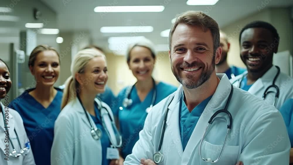Happy doctors and nurses, united in teamwork, posing for a group portrait in a hospital, reflecting their commitment to patient. Happy doctors and nurses, united in teamwork, posing for a group portrait in a hospital, reflecting their commitment to patient.
